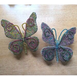 Set of 2 Handcrafted Beaded Wire Butterfly Figurines 5x5 Multi-Color Folk Art